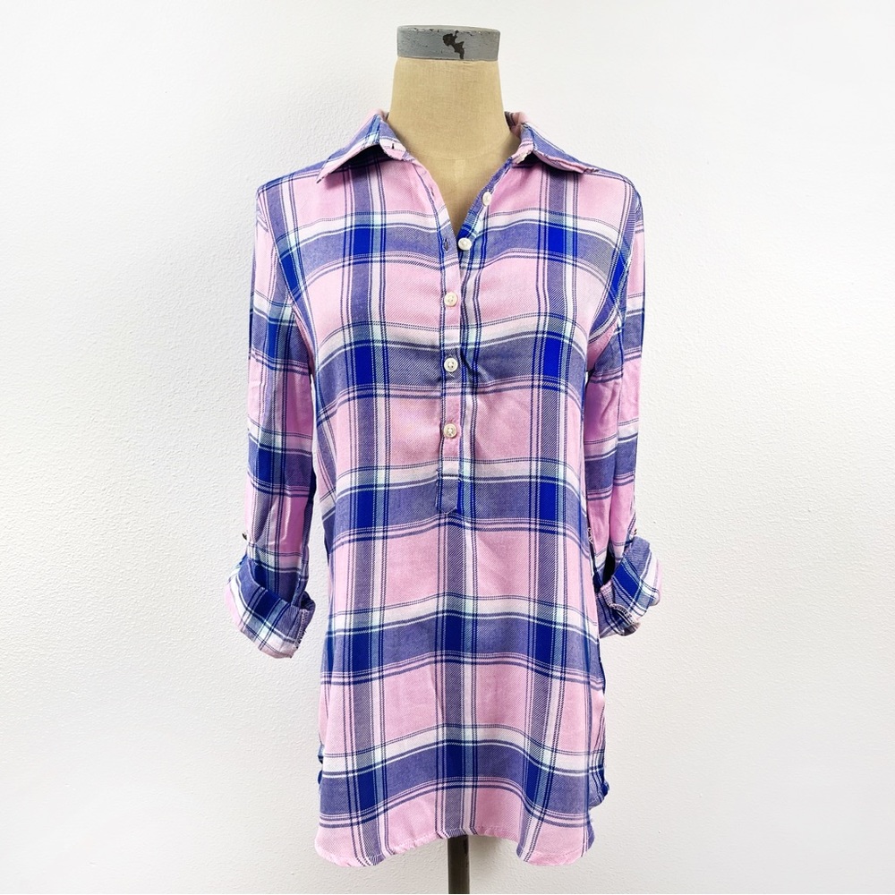 Allen Schwartz Prive Plaid Top Half Button Down Pink NWT Size Small